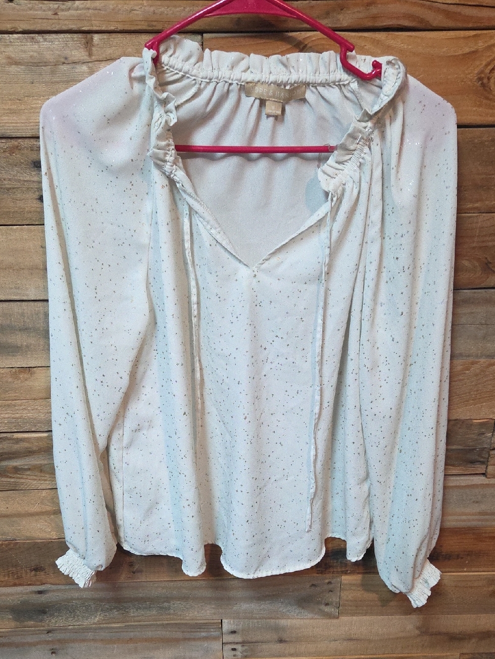 Light Cream Ruffle Tie-Neck Blouse with Speckle Detail